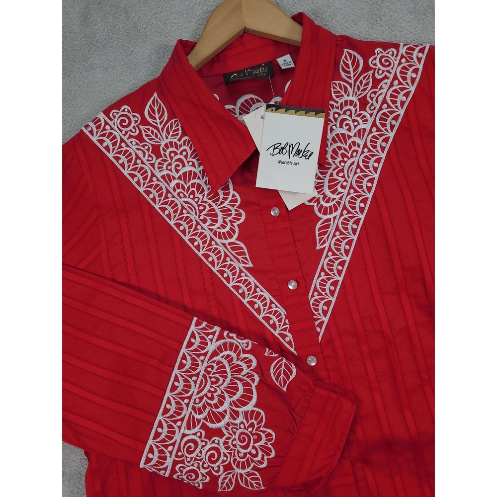 Bob‎ Mackie Womens Wearable Art Shirt Red Embroidered Western Blouse XL New